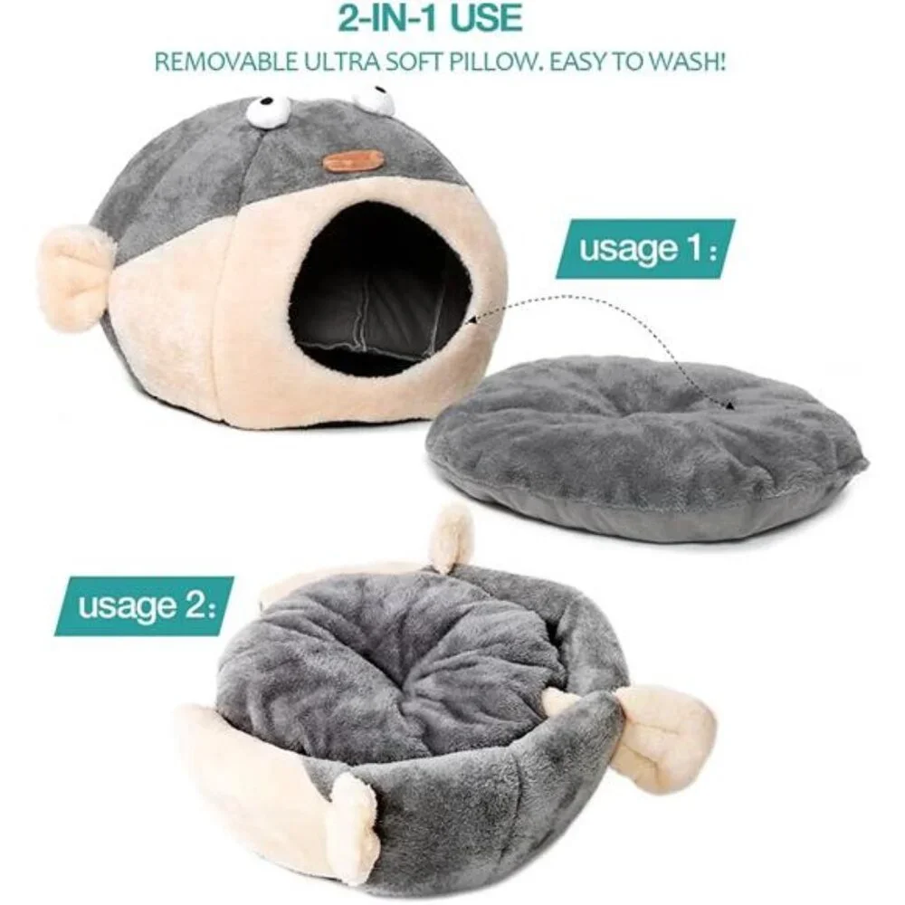 Cat Bed Cave Indoor for Cats with Removable Pillow Super Soft Tent Pufferfish